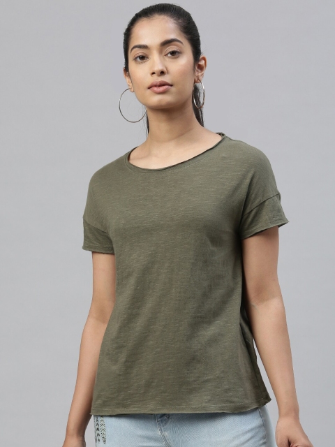 

Kryptic Women Olive Green Solid Round Neck T-shirt