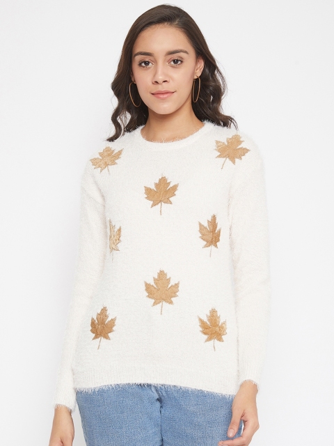 

Crimsoune Club Women White & Cream-Coloured Appliqued Pullover Sweater