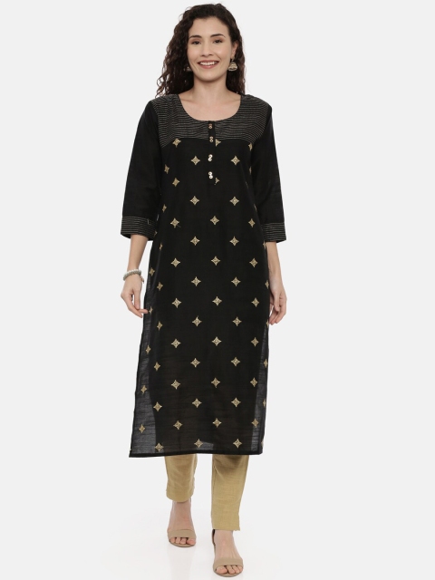 

GOLDSTROMS Women Black & Gold-Coloured Embroidered Straight Kurta