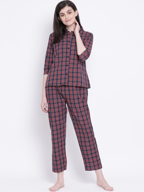 

Clovia Women Red & Navy Blue Checked Night Suit