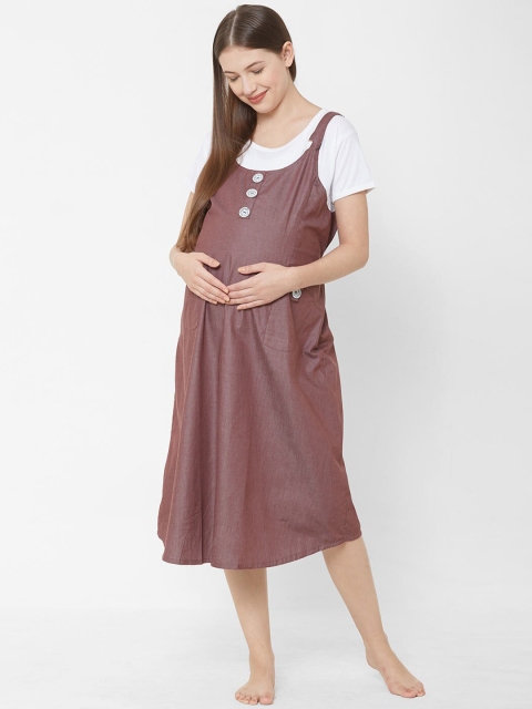

Sweet Dreams Women Brown & White Solid Maternity Nightdress With T-shirt