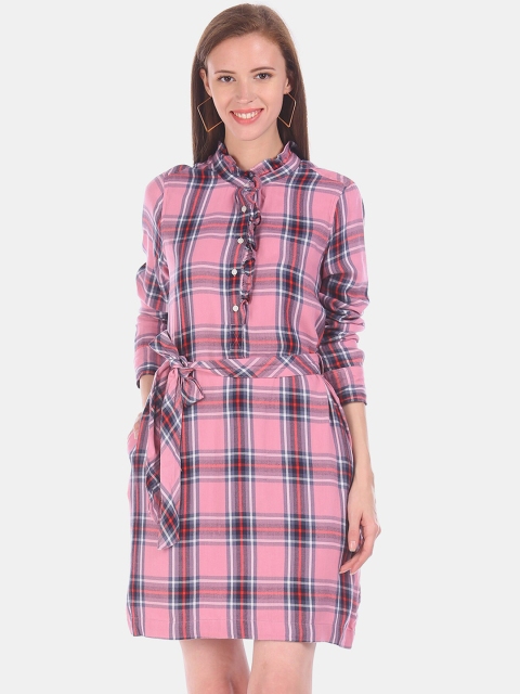 

GAP Women Pink Checked Shirt Dress