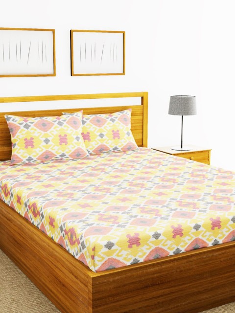 

BIANCA Yellow & Peach-Colour Printed 110 TC Bedsheet With 2 Pillow Covers