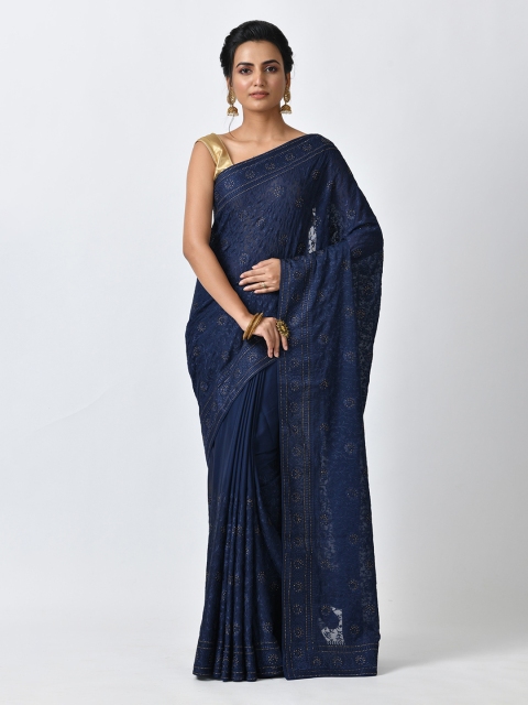 

RANGOLI Navy Blue Embroidered Pure Georgette Saree