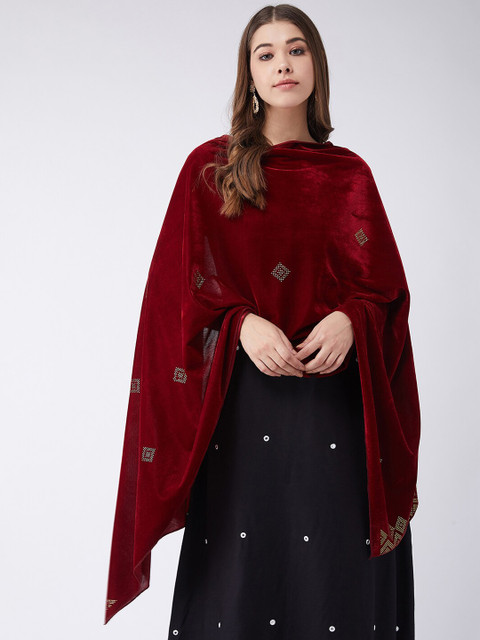 

InWeave Women Maroon & Gold-Coloured Embellished Velvet Shawl