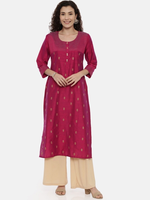 

GOLDSTROMS Women Fuchsia Pink & Gold-Coloured Embroidered Straight Kurta