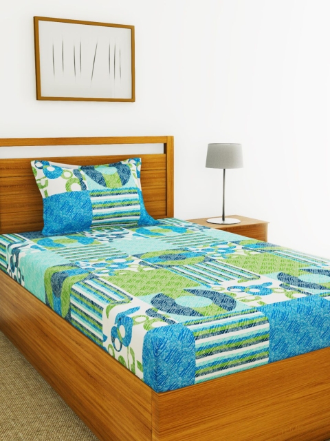 

BIANCA Blue & Green Geometric 110 TC Cotton 1 Single Bedsheet with 1 Pillow Covers