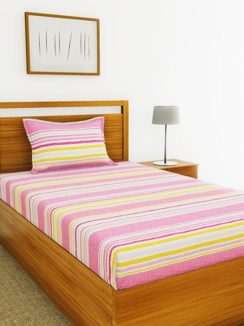 

BIANCA Pink & White Striped 110 TC Cotton 1 Single Bedsheet with 1 Pillow Covers