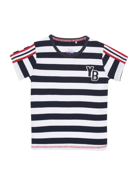 

YOUNG BIRDS Boys Navy Blue & White Striped Round Neck T-shirt