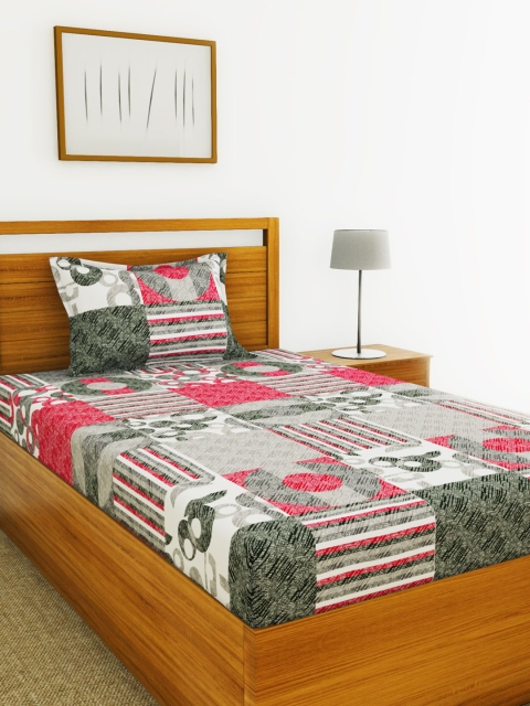 BIANCA Grey & Pink Geometric 110 TC Cotton 1 Single Bedsheet with 1 Pillow Covers