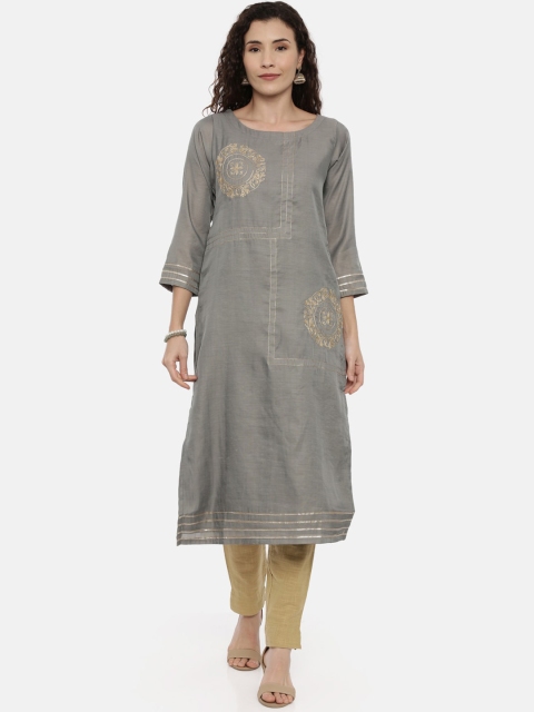 

GOLDSTROMS Women Grey Embroidered Straight Kurta