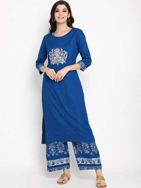 

Prakhya Women Blue Embroidered Kurta with Trousers