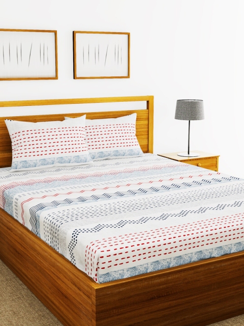 

BIANCA White & Blue Geometric 180 TC Cotton 1 King Bedsheet with 2 Pillow Covers