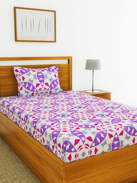 

BIANCA Purple & White Geometric 110 TC Cotton 1 Single Bedsheet with 1 Pillow Covers