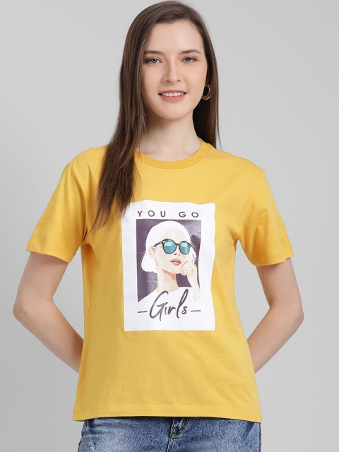 

Zink London Women Mustard Yellow Printed Cotton Pure Cotton T-shirt