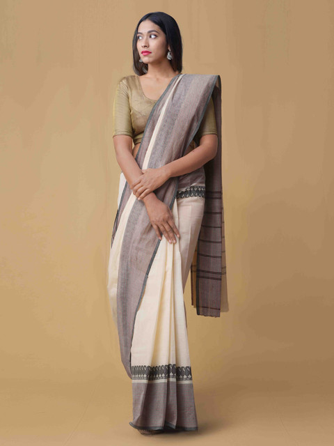 

Unnati Silks Cream-Coloured & Grey Handcrafted Pure Cotton Solid Saree