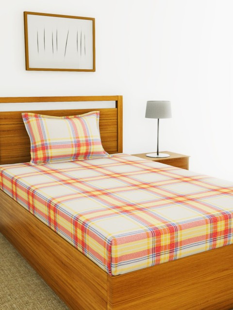 

BIANCA Beige & Red Checked 110 TC Cotton 1 Single Bedsheet with 1 Pillow Cover