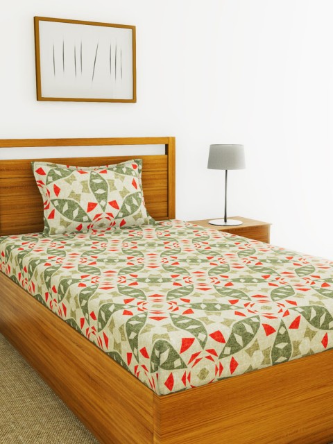 BIANCA Green & Red Printed 110 TC Single Bedsheet With 1 Pillow Cover