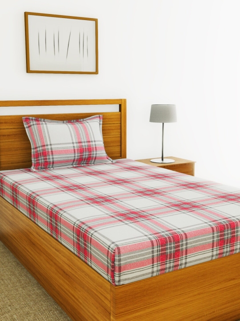 BIANCA Grey & Red Geometric 110 TC Cotton 1 Single Bedsheet with 1 Pillow Covers