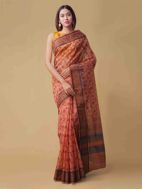 

Unnati Silks Orange Printed Supernet Saree