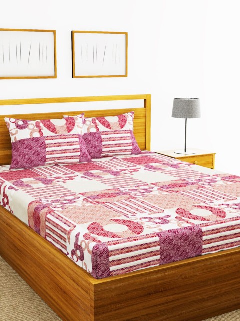 

BIANCA Pink & White Abstract 110 TC Cotton 1 Extra Large Bedsheet with 2 Pillow Covers