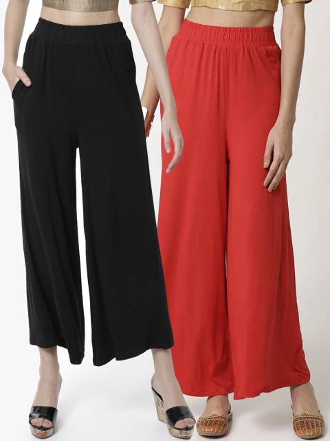 

De Moza Women Pack Of 2 Solid Wide Leg Palazzos, Black