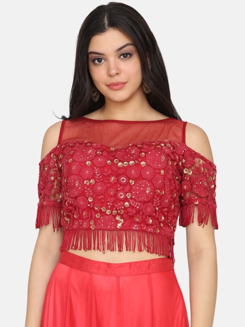 

Ojjasvi Women Red Embroidered Ethnic Crop Top