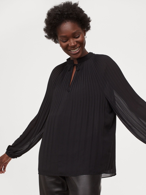 

H&M Women Black Solid Pleated Chiffon Blouse