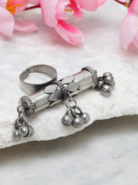 

Moedbuille Oxidised Silver-Plated Ghungroo Studded Handcrafted Tribal Adjustable Finger Ring