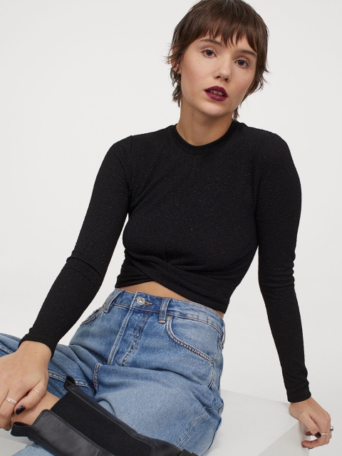 

H&M Women Black Glittery Top