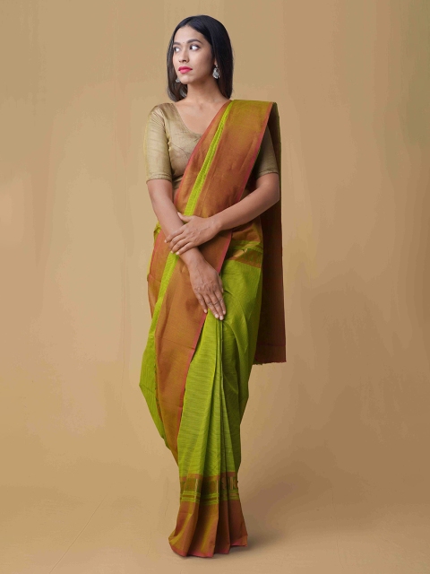 

Unnati Silks Green & Brown Pure Cotton Striped Uppada Saree