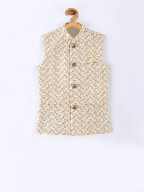 

NAMASKAR Boys Cream-Coloured & Beige Zari Embroidered Woven-Design Nehru Jacket