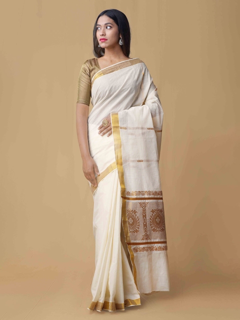 

Unnati Silks Cream-Coloured Pure Cotton Woven Design Kasavu Saree