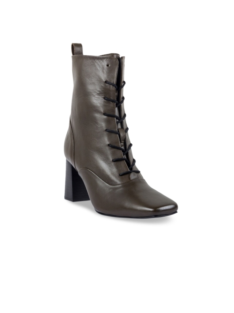 

Vanilla Moon Women Olive Green Solid Leather High-Top Flat Boots