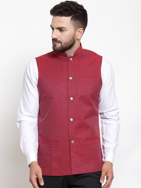 

Jompers Men Maroon Woven Design Nehru Jacket