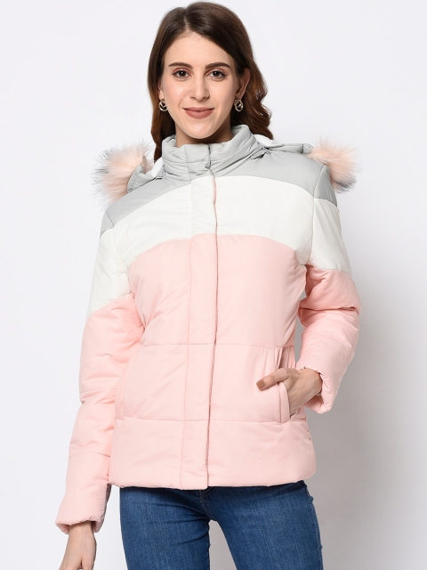 

METTLE Women Pink & White Colourblocked Parka