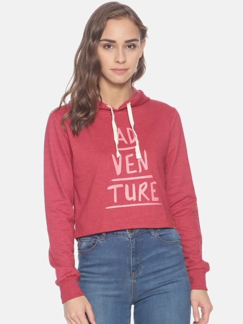 

Campus Sutra Women Red Printed Hooded Crop Sweatshirt