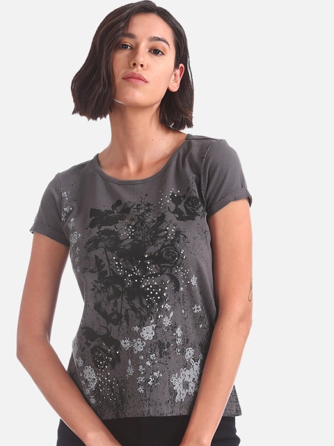 

Sugr Women Charcoal Grey Printed Round Neck T-shirt