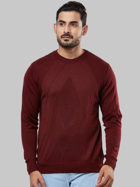 

Raymond Men Maroon Self Design Pullover Sweater