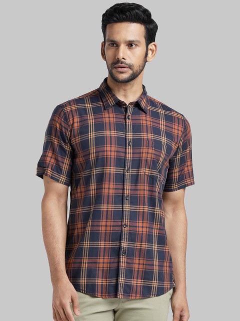 

Parx Men Blue & Orange Slim Fit Checked Casual Shirt