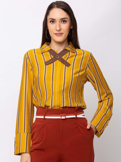 

SHECZZAR Women Mustard Yellow Striped Shirt Style Top