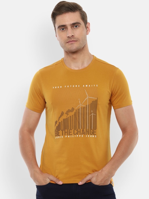 

Louis Philippe Jeans Men Mustard Yellow Printed Round Neck Pure Cotton T-shirt