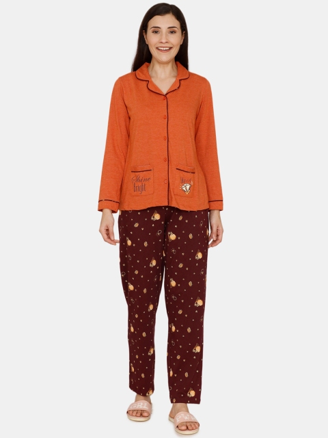

Zivame Women Brown & Orange Printed Night Suit