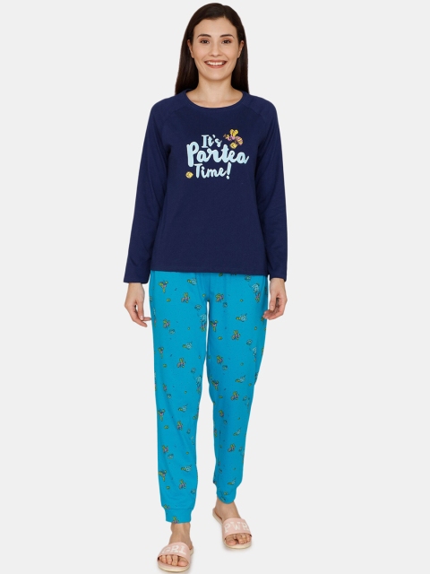 

Zivame Women Navy Blue Printed Night Suit