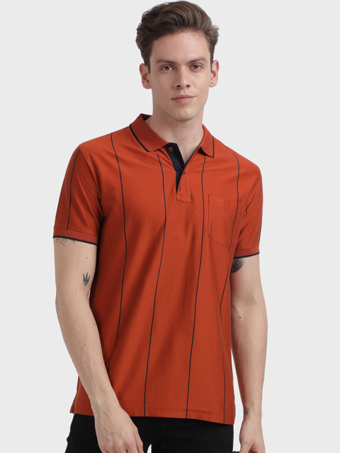 

ColorPlus Men Orange & Navy Blue Striped Polo Collar T-shirt