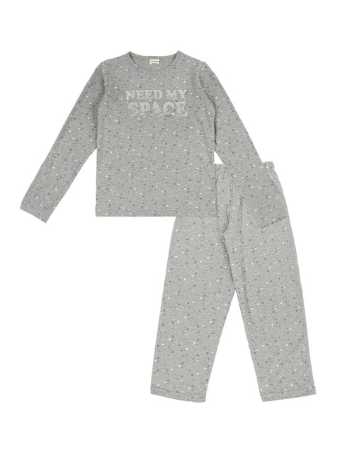 

RAINE AND JAINE Girls Grey Melange Printed Night Suit