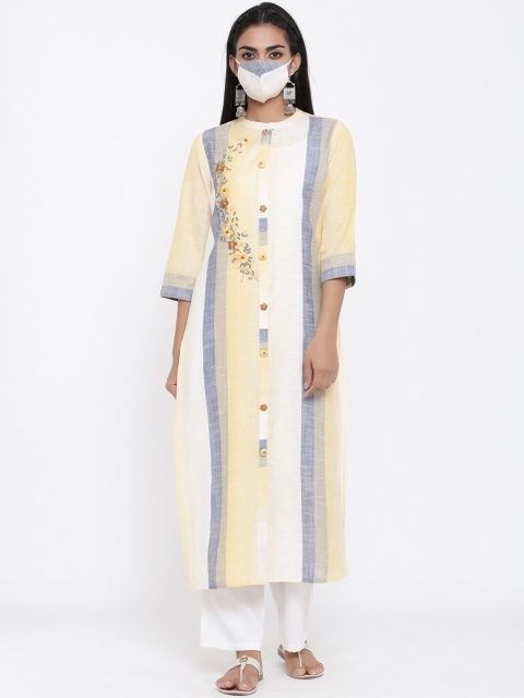 

PIROH Women Yellow Grey Striped Straight Kurta