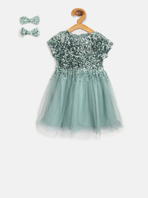 

Cherry Crumble Girls Green Embellished Fit and Flare Dress