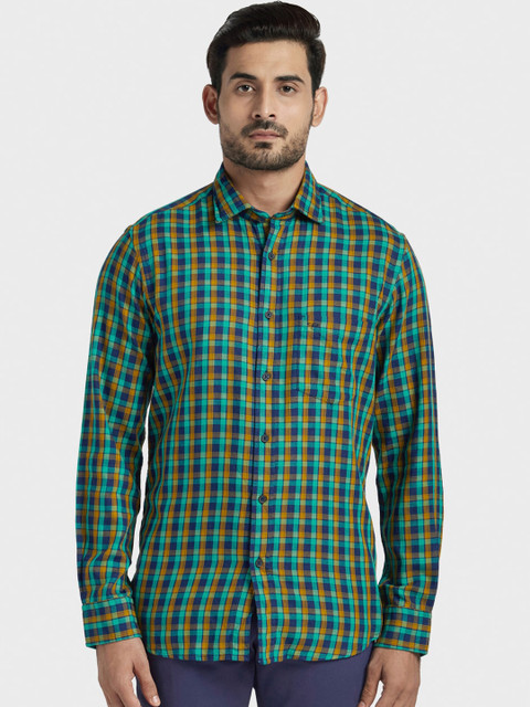 

ColorPlus Men Green & Navy Blue Tailored Fit Checked Casual Shirt