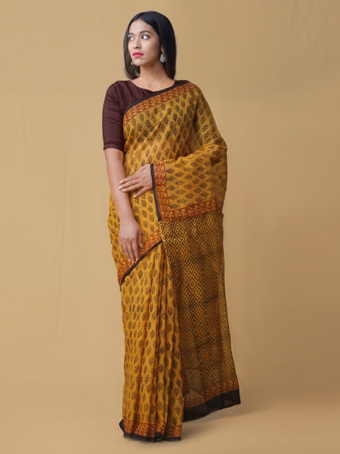 

Unnati Silks Mustard Yellow & Black Pure Cotton Printed Kota Handloom Saree